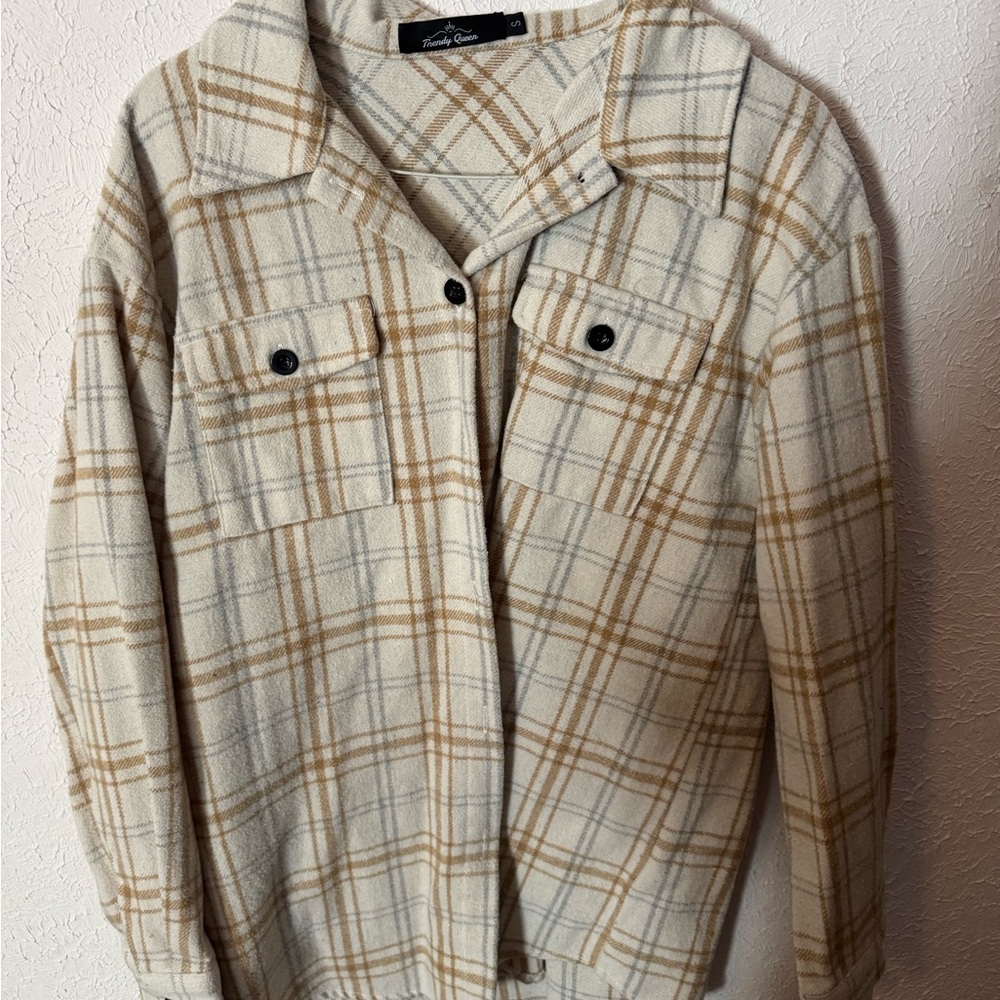 Cream and Tan Plaid Utility Jacket